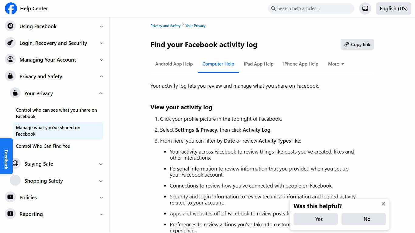 Find your Facebook activity log Facebook Help Center